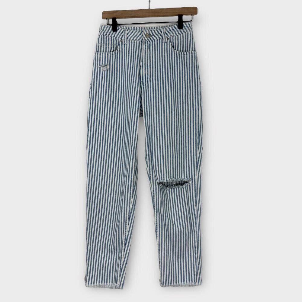 ORFEONEGRO Women’s Size 27 Blue White Stripe Distressed Mom Fit Retro Sun Jeans